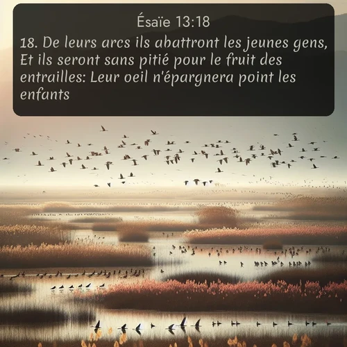 Segond Ésaïe  ; image nature: image avec le verset biblique :De leurs arcs ils abattront les jeunes gens, Et ils seront sans pitié pour le fruit des entrailles: Leur oeil n&#039;épargnera point les enfants. ;  ; 13:18