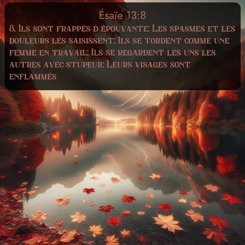 Segond Ésaïe  ; image nature: image avec le verset biblique :Ils sont frappés d&#039;épouvante; Les spasmes et les douleurs les saisissent; Ils se tordent comme une femme en travail; Ils se regardent les uns les autres avec stupeur; Leurs visages sont enflammés. ;  ; 13:8
