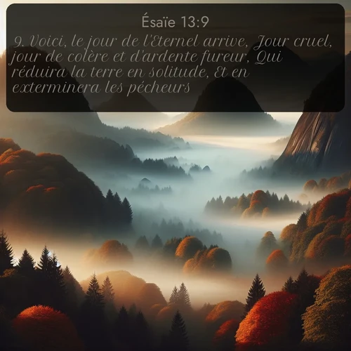 Segond Ésaïe  ; image nature: image avec le verset biblique :Voici, le jour de l&#039;Eternel arrive, Jour cruel, jour de colère et d&#039;ardente fureur, Qui réduira la terre en solitude, Et en exterminera les pécheurs. ;  ; 13:9