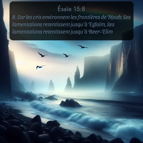Segond Ésaïe  ; image nature: image avec le verset biblique :Car les cris environnent les frontières de Moab; Ses lamentations retentissent jusqu&#039;à Eglaïm, Ses lamentations retentissent jusqu&#039;à Beer-Elim. ;  ; 15:8