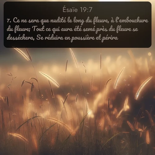 Segond Ésaïe  ; image nature: image avec le verset biblique :Ce ne sera que nudité le long du fleuve, à l&#039;embouchure du fleuve; Tout ce qui aura été semé près du fleuve se desséchera, Se réduira en poussière et périra. ;  ; 19:7