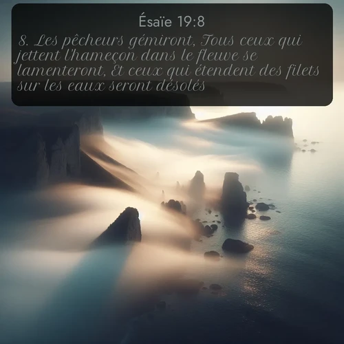 Segond Ésaïe  ; image nature: image avec le verset biblique :Les pêcheurs gémiront, Tous ceux qui jettent l&#039;hameçon dans le fleuve se lamenteront, Et ceux qui étendent des filets sur les eaux seront désolés. ;  ; 19:8