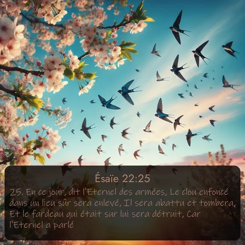 Segond Ésaïe  ; image nature: image avec le verset biblique :En ce jour, dit l&#039;Eternel des armées, Le clou enfoncé dans un lieu sûr sera enlevé, Il sera abattu et tombera, Et le fardeau qui était sur lui sera détruit, Car l&#039;Eternel a parlé. ;  ; 22:25