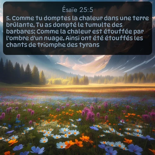 Segond Ésaïe  ; image nature: image avec le verset biblique :Comme tu domptes la chaleur dans une terre brûlante, Tu as dompté le tumulte des barbares; Comme la chaleur est étouffée par l&#039;ombre d&#039;un nuage, Ainsi ont été étouffés les chants de triomphe des tyrans. ;  ; 25:5