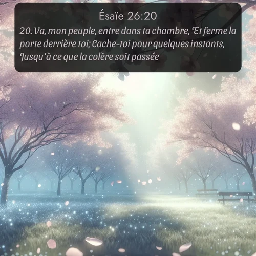 Segond Ésaïe  ; image nature: image avec le verset biblique :Va, mon peuple, entre dans ta chambre, Et ferme la porte derrière toi; Cache-toi pour quelques instants, Jusqu&#039;à ce que la colère soit passée. ;  ; 26:20