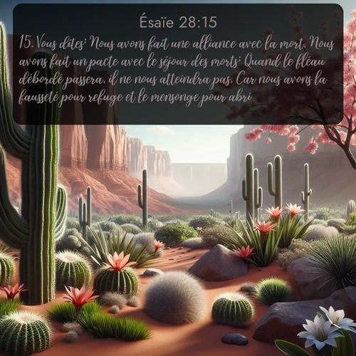 Segond Ésaïe  ; image nature: image avec le verset biblique :Vous dites: Nous avons fait une alliance avec la mort, Nous avons fait un pacte avec le séjour des morts; Quand le fléau débordé passera, il ne nous atteindra pas, Car nous avons la fausseté pour refuge et le mensonge pour abri. ;  ; 28:15