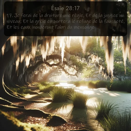 Segond Ésaïe  ; image nature: image avec le verset biblique :Je ferai de la droiture une règle, Et de la justice un niveau; Et la grêle emportera le refuge de la fausseté, Et les eaux inonderont l&#039;abri du mensonge. ;  ; 28:17