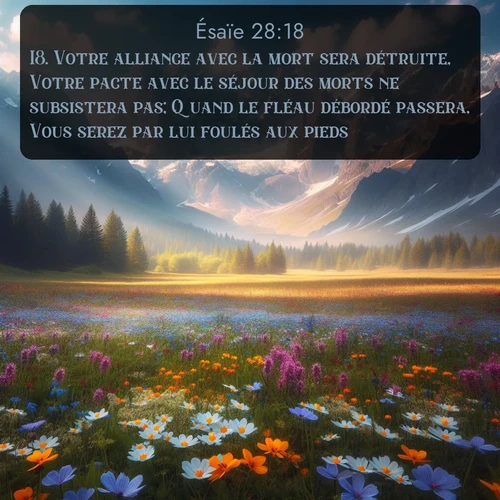 Segond Ésaïe  ; image nature: image avec le verset biblique :Votre alliance avec la mort sera détruite, Votre pacte avec le séjour des morts ne subsistera pas; Quand le fléau débordé passera, Vous serez par lui foulés aux pieds. ;  ; 28:18