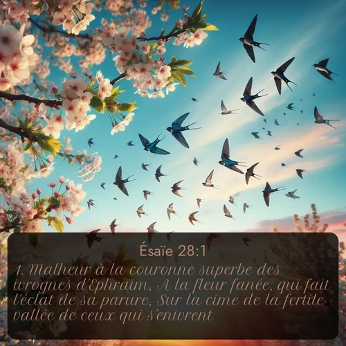 Segond Ésaïe  ; image nature: image avec le verset biblique :Malheur à la couronne superbe des ivrognes d&#039;Ephraïm, A la fleur fanée, qui fait l&#039;éclat de sa parure, Sur la cime de la fertile vallée de ceux qui s&#039;enivrent! ;  ; 28:1