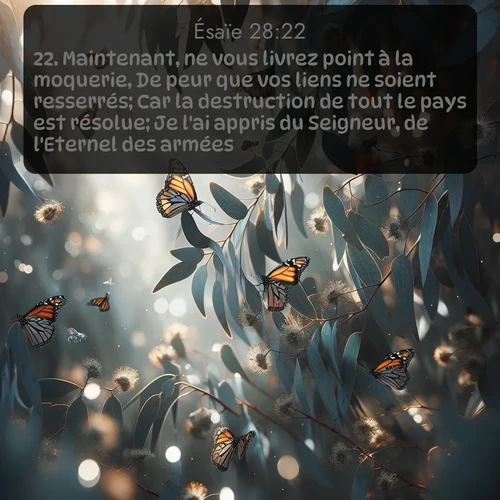 Segond Ésaïe  ; image nature: image avec le verset biblique :Maintenant, ne vous livrez point à la moquerie, De peur que vos liens ne soient resserrés; Car la destruction de tout le pays est résolue; Je l&#039;ai appris du Seigneur, de l&#039;</p><p>Lire le verset dans son contexte : <br><a href=