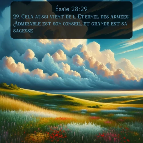 Segond Ésaïe  ; image nature: image avec le verset biblique :Cela aussi vient de l&#039;Eternel des armées; Admirable est son conseil, et grande est sa sagesse. ;  ; 28:29