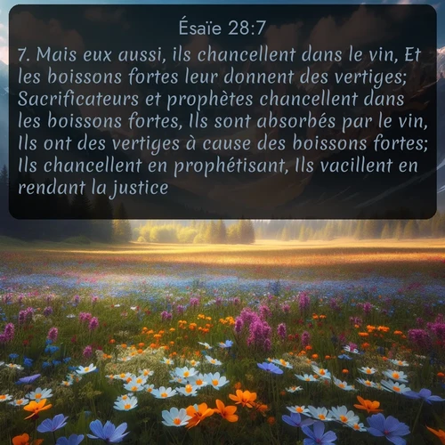 Segond Ésaïe  ; image nature: image avec le verset biblique :Mais eux aussi, ils chancellent dans le vin, Et les boissons fortes leur donnent des vertiges; Sacrificateurs et prophètes chancellent dans les boissons fortes, Ils sont absorbés par le vin, Ils ont des vertiges à cause des boissons fortes; Ils chancellent en prophétisant, Ils vacillent en rendant la justice. ;  ; 28:7
