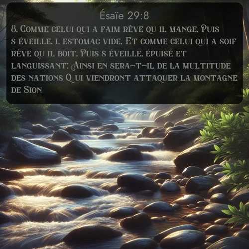 Segond Ésaïe  ; image nature: image avec le verset biblique :Comme celui qui a faim rêve qu&#039;il mange, Puis s&#039;éveille, l&#039;estomac vide, Et comme celui qui a soif rêve qu&#039;il boit, Puis s&#039;éveille, épuisé et languissant; Ainsi en sera-t-il de la multitude des nations Qui viendront attaquer la montagne de Sion. ;  ; 29:8