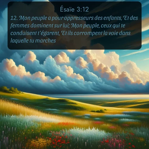 Segond Ésaïe  ; image nature: image avec le verset biblique :Mon peuple a pour oppresseurs des enfants, Et des femmes dominent sur lui; Mon peuple, ceux qui te conduisent t&#039;égarent, Et ils corrompent la voie dans laquelle tu marches. ;  ; 3:12