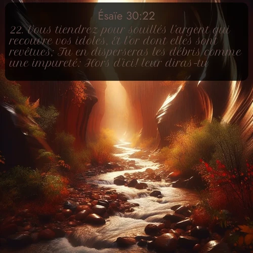 Segond Ésaïe  ; image nature: image avec le verset biblique :Vous tiendrez pour souillés l&#039;argent qui recouvre vos idoles, Et l&#039;or dont elles sont revêtues; Tu en disperseras les débris comme une impureté: Hors d&#039;ici! leur diras-tu. ;  ; 30:22