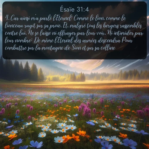 Segond Ésaïe  ; image nature: image avec le verset biblique :Car ainsi m&#039;a parlé l&#039;Eternel: Comme le lion, comme le lionceau rugit sur sa proie, Et, malgré tous les bergers rassemblés contre lui, Ne se laisse ni effrayer par leur voix, Ni intimider par leur nombre; De même l&#039;Eternel des armées descendra Pour combattre sur la montagne de Sion et sur sa colline. ;  ; 31:4