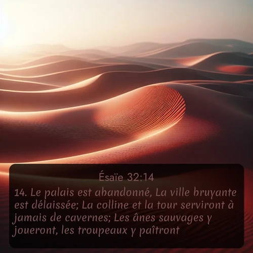 Segond Ésaïe  ; image nature: image avec le verset biblique :Le palais est abandonné, La ville bruyante est délaissée; La colline et la tour serviront à jamais de cavernes; Les ânes sauvages y joueront, les troupeaux y paîtront, ;  ; 32:14