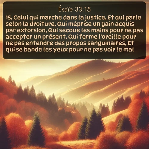 Segond Ésaïe  ; image nature: image avec le verset biblique :Celui qui marche dans la justice, Et qui parle selon la droiture, Qui méprise un gain acquis par extorsion, Qui secoue les mains pour ne pas accepter un présent, Qui ferme l&#039;oreille pour ne pas entendre des propos sanguinaires, Et qui se bande les yeux pour ne pas voir le mal, ;  ; 33:15