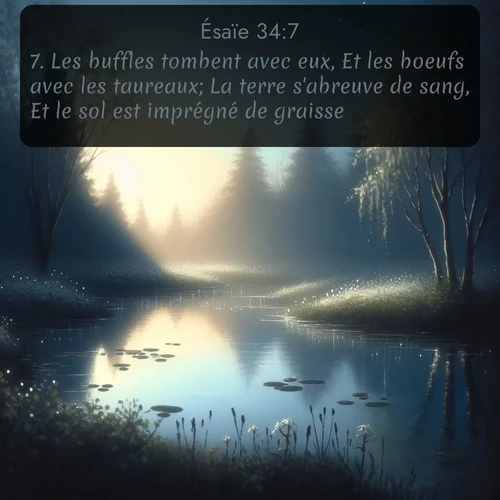 Segond Ésaïe  ; image nature: image avec le verset biblique :Les buffles tombent avec eux, Et les boeufs avec les taureaux; La terre s&#039;abreuve de sang, Et le sol est imprégné de graisse. ;  ; 34:7