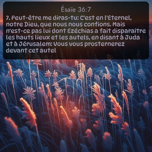 Segond Ésaïe  ; image nature: image avec le verset biblique :Peut-être me diras-tu: C&#039;est en l&#039;Eternel, notre Dieu, que nous nous confions. Mais n&#039;est-ce pas lui dont Ezéchias a fait disparaître les hauts lieux et les autels, en disant à Juda et à Jérusalem: Vous vous prosternerez devant cet autel? ;  ; 36:7
