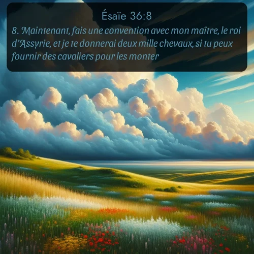 Segond Ésaïe  ; image nature: image avec le verset biblique :Maintenant, fais une convention avec mon maître, le roi d&#039;Assyrie, et je te donnerai deux mille chevaux, si tu peux fournir des cavaliers pour les monter. ;  ; 36:8