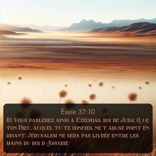 Segond Ésaïe  ; image nature: image avec le verset biblique :Vous parlerez ainsi à Ezéchias, roi de Juda: Que ton Dieu, auquel tu te confies, ne t&#039;abuse point en disant: Jérusalem ne sera pas livrée entre les mains du roi d&#039;Assyrie. ;  ; 37:10