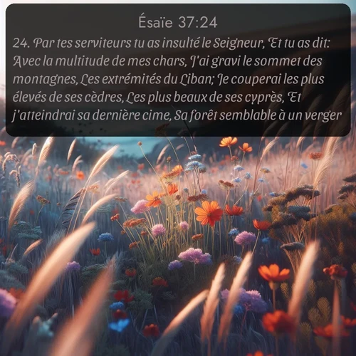 Segond Ésaïe  ; image nature: image avec le verset biblique :Par tes serviteurs tu as insulté le Seigneur, Et tu as dit: Avec la multitude de mes chars, J&#039;ai gravi le sommet des montagnes, Les extrémités du Liban; Je couperai les plus élevés de ses cèdres, Les plus beaux de ses cyprès, Et j&#039;atteindrai sa dernière cime, Sa forêt semblable à un verger; ;  ; 37:24