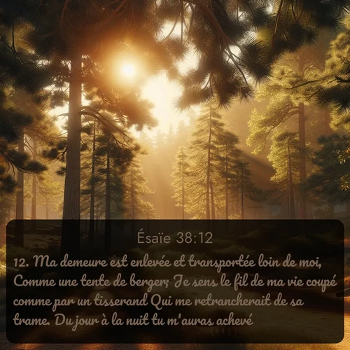 Segond Ésaïe  ; image nature: image avec le verset biblique :Ma demeure est enlevée et transportée loin de moi, Comme une tente de berger; Je sens le fil de ma vie coupé comme par un tisserand Qui me retrancherait de sa trame. Du jour à la nuit tu m&#039;auras achevé! ;  ; 38:12