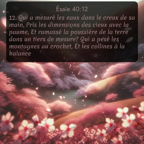 Segond Ésaïe  ; image nature: image avec le verset biblique :Qui a mesuré les eaux dans le creux de sa main, Pris les dimensions des cieux avec la paume, Et ramassé la poussière de la terre dans un tiers de mesure? Qui a pesé les montagnes au crochet, Et les collines à la balance? ;  ; 40:12