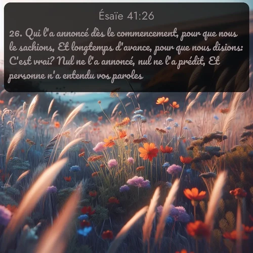 Segond Ésaïe  ; image nature: image avec le verset biblique :Qui l&#039;a annoncé dès le commencement, pour que nous le sachions, Et longtemps d&#039;avance, pour que nous disions: C&#039;est vrai? Nul ne l&#039;a annoncé, nul ne l&#039;a prédit, Et personne n&#039;a entendu vos paroles. ;  ; 41:26