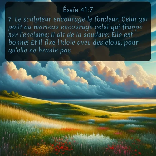 Segond Ésaïe  ; image nature: image avec le verset biblique :Le sculpteur encourage le fondeur; Celui qui polit au marteau encourage celui qui frappe sur l&#039;enclume; Il dit de la soudure: Elle est bonne! Et il fixe l&#039;idole avec des clous, pour qu&#039;elle ne branle pas. ;  ; 41:7