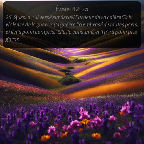 Segond Ésaïe  ; image nature: image avec le verset biblique :Aussi a-t-il versé sur Israël l&#039;ardeur de sa colère Et la violence de la guerre; La guerre l&#039;a embrasé de toutes parts, et il n&#039;a point compris; Elle l&#039;a consumé, et il n&#039;y a point pris garde. ;  ; 42:25