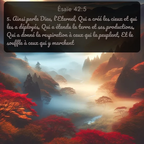 Segond Ésaïe  ; image nature: image avec le verset biblique :Ainsi parle Dieu, l&#039;Eternel, Qui a créé les cieux et qui les a déployés, Qui a étendu la terre et ses productions, Qui a donné la respiration à ceux qui la peuplent, Et le souffle à ceux qui y marchent. ;  ; 42:5
