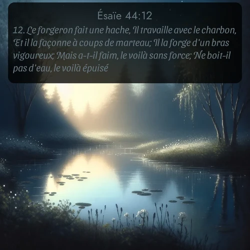 Segond Ésaïe  ; image nature: image avec le verset biblique :Le forgeron fait une hache, Il travaille avec le charbon, Et il la façonne à coups de marteau; Il la forge d&#039;un bras vigoureux; Mais a-t-il faim, le voilà sans force; Ne boit-il pas d&#039;eau, le voilà épuisé. ;  ; 44:12