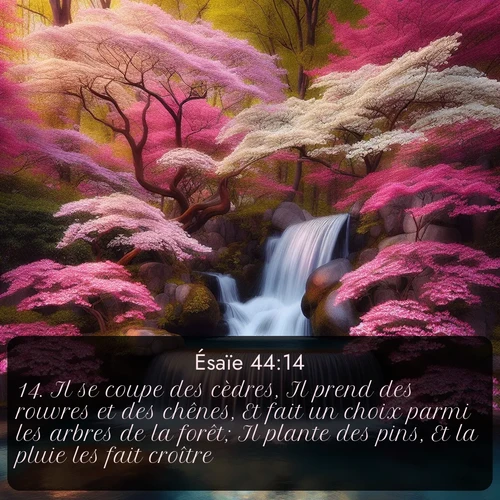 Segond Ésaïe  ; image nature: image avec le verset biblique :Il se coupe des cèdres, Il prend des rouvres et des chênes, Et fait un choix parmi les arbres de la forêt; Il plante des pins, Et la pluie les fait croître. ;  ; 44:14