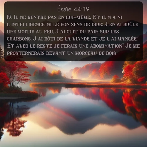 Segond Ésaïe  ; image nature: image avec le verset biblique :Il ne rentre pas en lui-même, Et il n&#039;a ni l&#039;intelligence, ni le bon sens de dire: J&#039;en ai brûlé une moitié au feu, J&#039;ai cuit du pain sur les charbons, J&#039;ai rôti de la viande et je l&#039;ai mangée; Et avec le reste je ferais une abomination! Je me prosternerais devant un morceau de bois! ;  ; 44:19