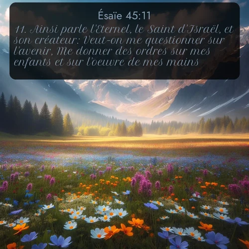 Segond Ésaïe  ; image nature: image avec le verset biblique :Ainsi parle l&#039;Eternel, le Saint d&#039;Israël, et son créateur: Veut-on me questionner sur l&#039;avenir, Me donner des ordres sur mes enfants et sur l&#039;oeuvre de mes mains? ;  ; 45:11