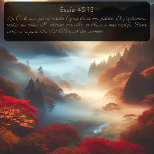 Segond Ésaïe  ; image nature: image avec le verset biblique :C&#039;est moi qui ai suscité Cyrus dans ma justice, Et j&#039;aplanirai toutes ses voies; Il rebâtira ma ville, et libérera mes captifs, Sans rançon ni présents, Dit l&#039;</p><p>Lire le verset dans son contexte : <br><a href=