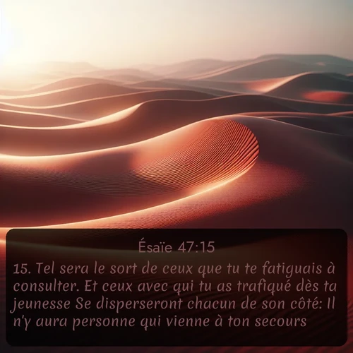 Segond Ésaïe  ; image nature: image avec le verset biblique :Tel sera le sort de ceux que tu te fatiguais à consulter. Et ceux avec qui tu as trafiqué dès ta jeunesse Se disperseront chacun de son côté: Il n&#039;y aura personne qui vienne à ton secours. ;  ; 47:15