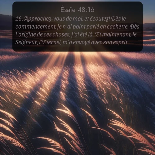 Segond Ésaïe  ; image nature: image avec le verset biblique :Approchez-vous de moi, et écoutez! Dès le commencement, je n&#039;ai point parlé en cachette, Dès l&#039;origine de ces choses, j&#039;ai été là. Et maintenant, le Seigneur, l&#039;Eternel, m&#039;a envoyé avec son esprit. ;  ; 48:16