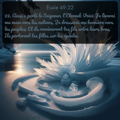 Segond Ésaïe  ; image nature: image avec le verset biblique :Ainsi a parlé le Seigneur, l&#039;Eternel: Voici: Je lèverai ma main vers les nations, Je dresserai ma bannière vers les peuples; Et ils ramèneront tes fils entre leurs bras, Ils porteront tes filles sur les épaules. ;  ; 49:22