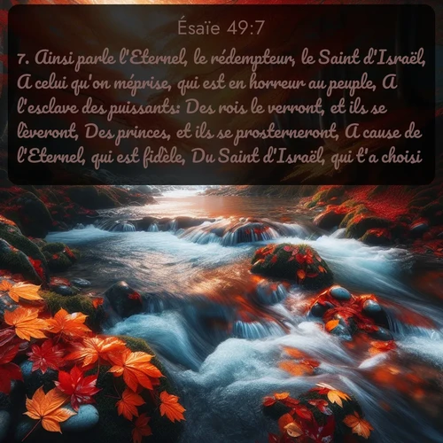Segond Ésaïe  ; image nature: image avec le verset biblique :Ainsi parle l&#039;Eternel, le rédempteur, le Saint d&#039;Israël, A celui qu&#039;on méprise, qui est en horreur au peuple, A l&#039;esclave des puissants: Des rois le verront, et ils se lèveront, Des princes, et ils se prosterneront, A cause de l&#039;Eternel, qui est fidèle, Du Saint d&#039;Israël, qui t&#039;a choisi. ;  ; 49:7