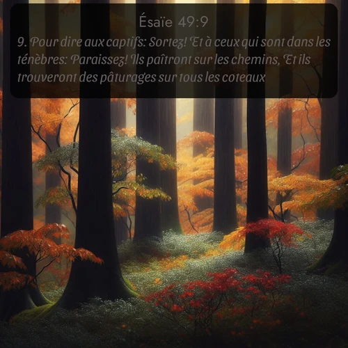Segond Ésaïe  ; image nature: image avec le verset biblique :Pour dire aux captifs: Sortez! Et à ceux qui sont dans les ténèbres: Paraissez! Ils paîtront sur les chemins, Et ils trouveront des pâturages sur tous les coteaux. ;  ; 49:9