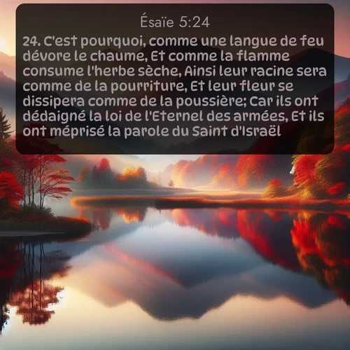 Segond Ésaïe  ; image nature: image avec le verset biblique :C&#039;est pourquoi, comme une langue de feu dévore le chaume, Et comme la flamme consume l&#039;herbe sèche, Ainsi leur racine sera comme de la pourriture, Et leur fleur se dissipera comme de la poussière; Car ils ont dédaigné la loi de l&#039;Eternel des armées, Et ils ont méprisé la parole du Saint d&#039;Israël. ;  ; 5:24