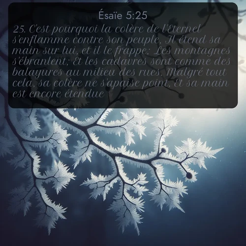 Segond Ésaïe  ; image nature: image avec le verset biblique :C&#039;est pourquoi la colère de l&#039;Eternel s&#039;enflamme contre son peuple, Il étend sa main sur lui, et il le frappe; Les montagnes s&#039;ébranlent; Et les cadavres sont comme des balayures au milieu des rues. Malgré tout cela, sa colère ne s&#039;apaise point, Et sa main est encore étendue. ;  ; 5:25