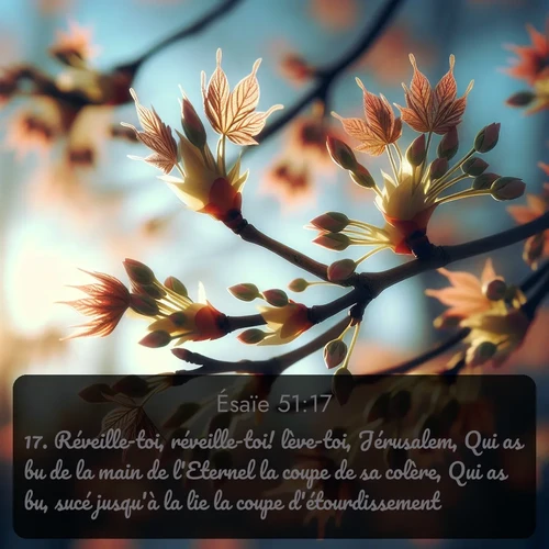 Segond Ésaïe  ; image nature: image avec le verset biblique :Réveille-toi, réveille-toi! lève-toi, Jérusalem, Qui as bu de la main de l&#039;Eternel la coupe de sa colère, Qui as bu, sucé jusqu&#039;à la lie la coupe d&#039;étourdissement! ;  ; 51:17