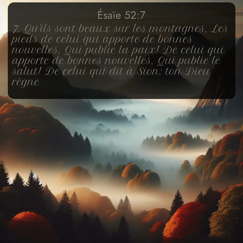 Segond Ésaïe  ; image nature: image avec le verset biblique :Qu&#039;ils sont beaux sur les montagnes, Les pieds de celui qui apporte de bonnes nouvelles, Qui publie la paix! De celui qui apporte de bonnes nouvelles, Qui publie le salut! De celui qui dit à Sion: ton Dieu règne! ;  ; 52:7