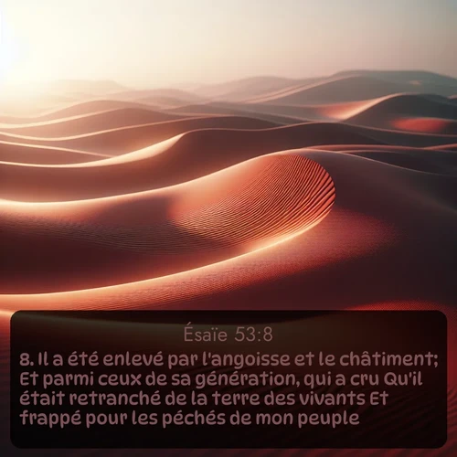 Segond Ésaïe  ; image nature: image avec le verset biblique :Il a été enlevé par l&#039;angoisse et le châtiment; Et parmi ceux de sa génération, qui a cru Qu&#039;il était retranché de la terre des vivants Et frappé pour les péchés de mon peuple? ;  ; 53:8