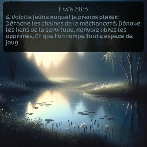 Segond Ésaïe  ; image nature: image avec le verset biblique :Voici le jeûne auquel je prends plaisir: Détache les chaînes de la méchanceté, Dénoue les liens de la servitude, Renvoie libres les opprimés, Et que l&#039;on rompe toute espèce de joug; ;  ; 58:6
