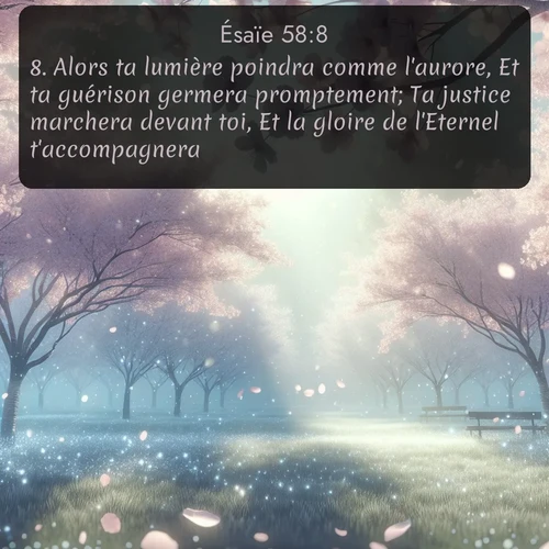 Segond Ésaïe  ; image nature: image avec le verset biblique :Alors ta lumière poindra comme l&#039;aurore, Et ta guérison germera promptement; Ta justice marchera devant toi, Et la gloire de l&#039;Eternel t&#039;accompagnera. ;  ; 58:8